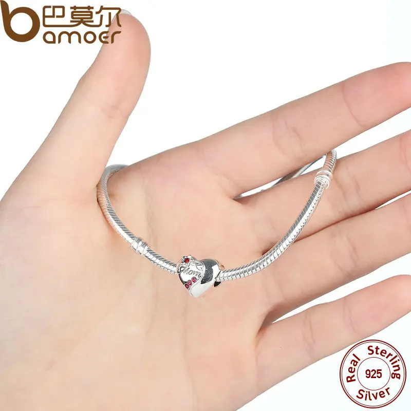 BAMOER Authentic 925 Sterling Silver MOM Red Heart Charms fit Bracelets Mother 's Day Gift SCC004