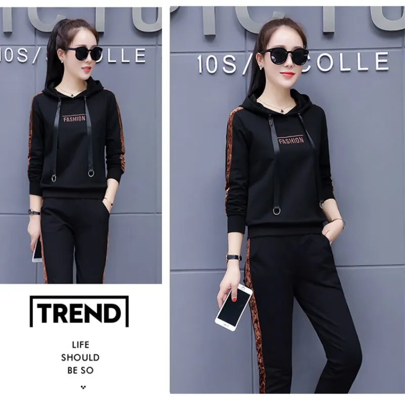 2018 Autumn Woman Tracksuit Sets Korean Female 2 pieces Yellow Sets Woman Hoodies Suit Long Sleeve Round Collar Sweater Solid Women's Sets