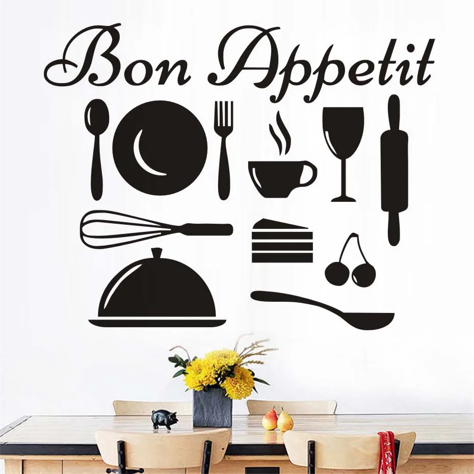 Bon Appetit French Wall Decal Kitchenware Removable DIY Home Decor Vinyl Kitchen Wall Sticker Waterproof