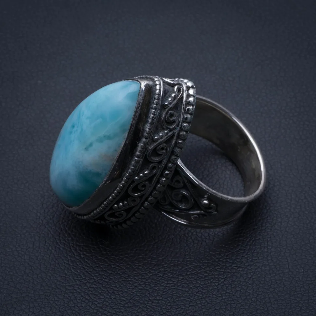 

Natural Caribbean Larimar Vintage 925 Sterling Silver Ring, US Size 7.25 R3407