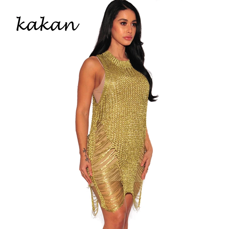 

Kakan 2019 spring new women's dress sexy gold knit beach dress nightclub perspective gold silver rose gold dress