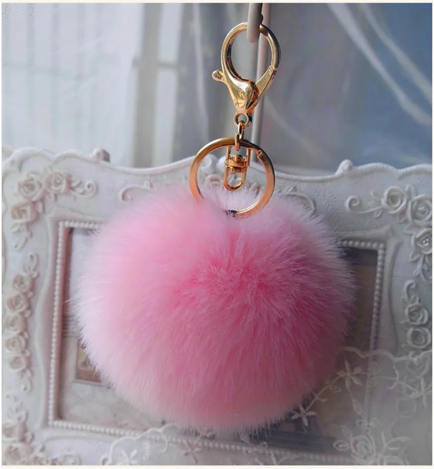 Pom Pom Fur Key Chain Fashion 8cm Fluffy Fur Ball Car KeyChain Gold Tone Women Bag Key Ring Charm Pearl Wedding Trinket Jewelry