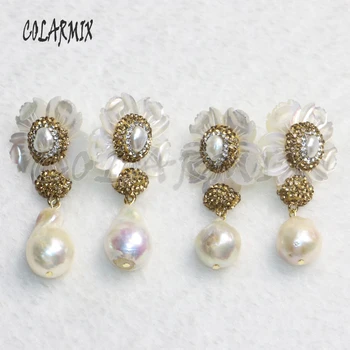 

2 Pairs Natural Baroque pearls earrings Pave Gold color rhinestone White flower shell earrings long earrings jewelry 9219