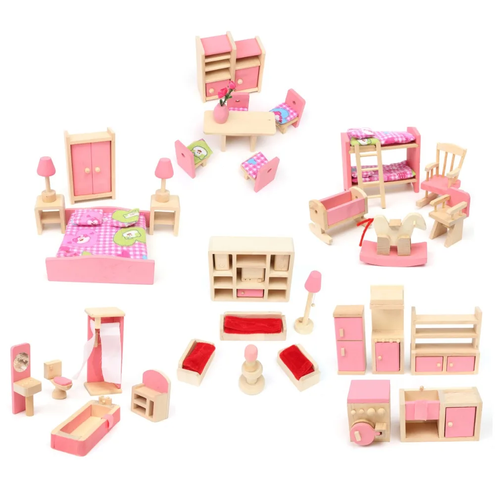 Деревянные маленькие кукольный домик мебель игрушки набор для детей ролевые игры 6 комнат набор/куклы Игрушки Миниатюрный Кукольный домик