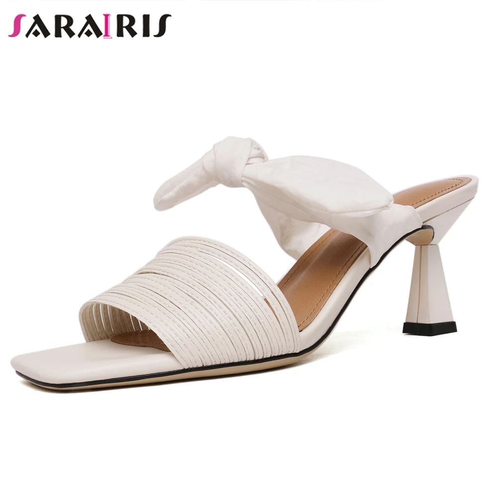

SARAIRIS 2019 New Elegant Butterfly Knot Sheepskin Insole Mules Shoes Women Summer Slippers Women Pumps Shoes Woman Size 33-42