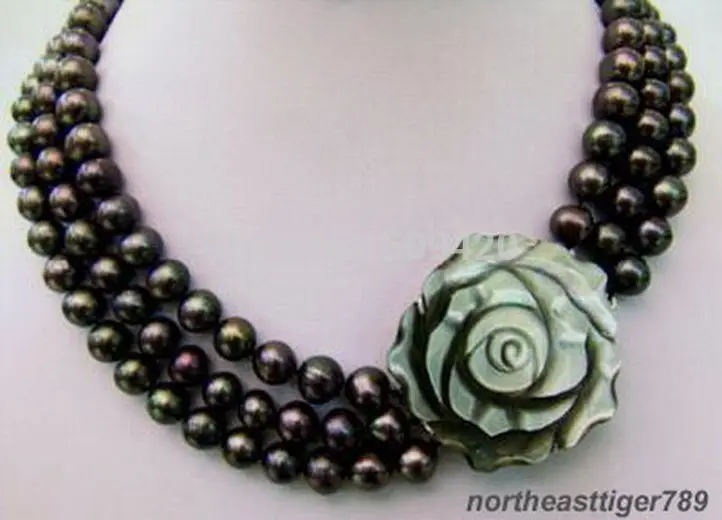 

Free Shipping 3 Rows Real Black Pearl 18KWGP Shell Flower Clasp Necklace