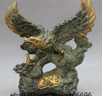 

China Palace Bronze Copper Fengshui Fighting Carved Eagle Bird Pine Tree Statue