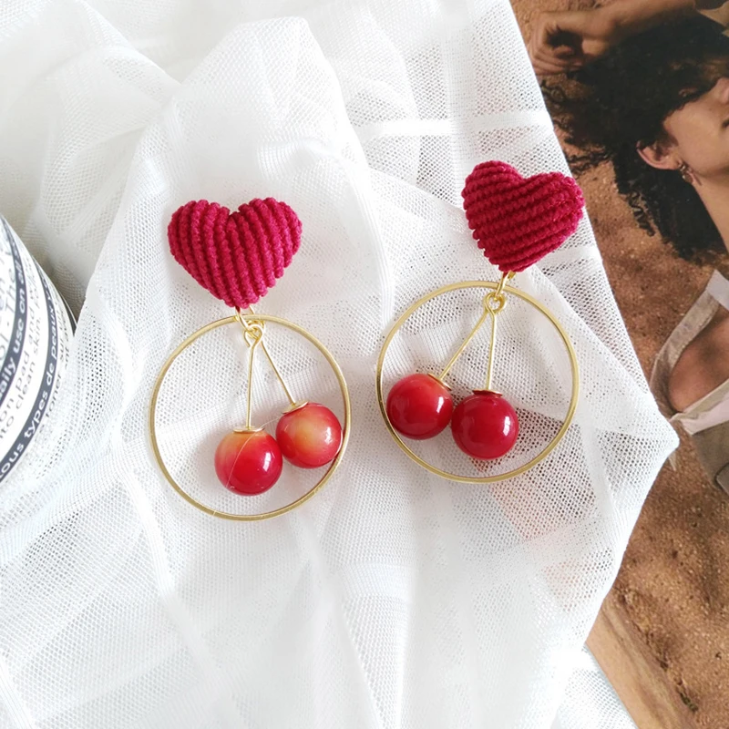

Fashion Red-Heart Dangle Earrings Sweet Cherry Pendant Geometric Earrings For Women Statement Jewelry Accessories Gift