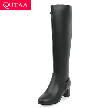 

QUTAA 2020 Soft PU Leather Fashion Zipper Boots Square High Heel Knee High Boots Concise Round Toe Winter Women Shoes Size 34-39