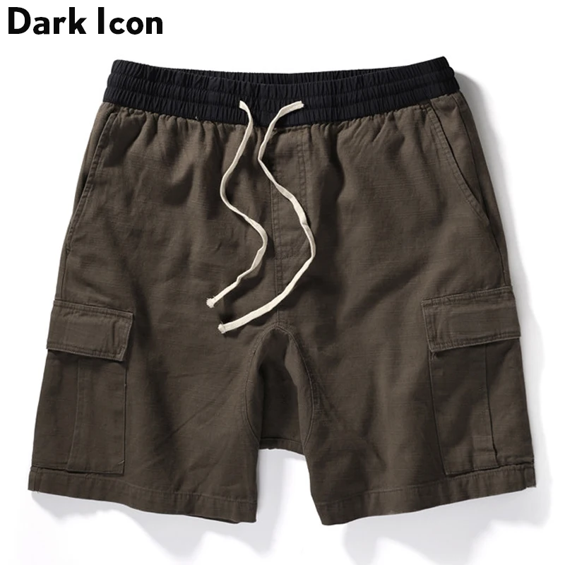 

DARK ICON Side Pockets Cargo Shorts Men 2019 Summer Elastic Waist Drawstring Men's Shorts Black Green