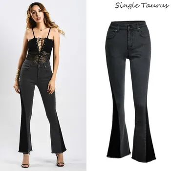

Black Flare Pants Women Fashion High Street England Style Jeans Women Panelled Spliced Vintage Denim Pant Office Lady Jeans 2019