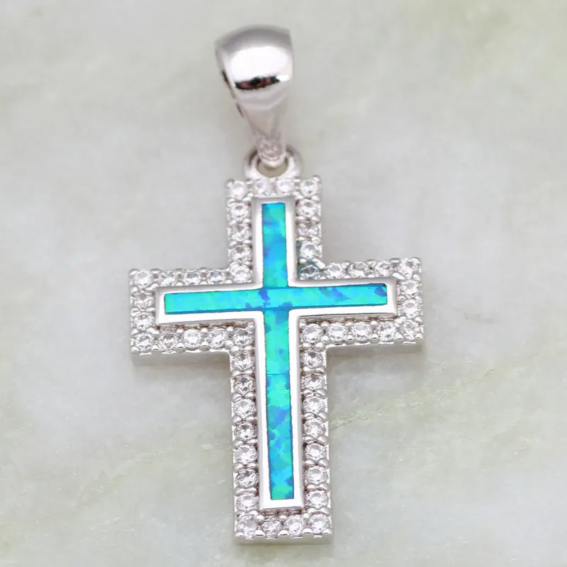 Божественный крест синий опал Подвески белый кубический цирконий 925 пробы Серебряный кулон для женщин ювелирные изделия P173
