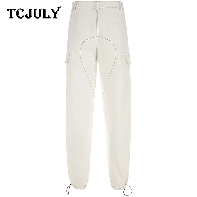 TCJULY Мода хлопок белые женские брюки-карго Высокая талия яркая линия прямые брюки Уличная Повседневная Длинные брюки
