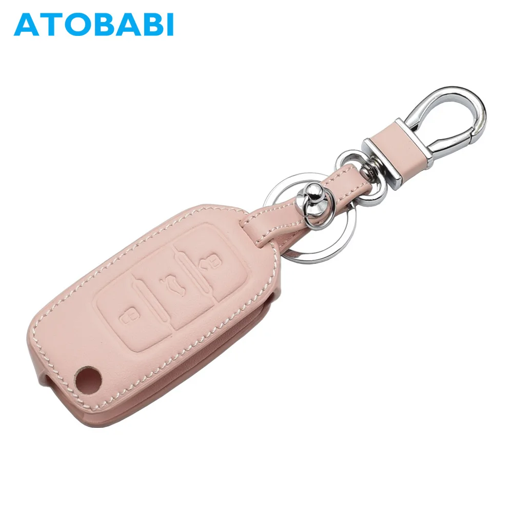 

ATOBABI Pink Car Key Case For Volkswagen VW Golf Polo Beetle Passat Skoda SEAT Real Leather Remote Fob Shell Cover Women Key Bag