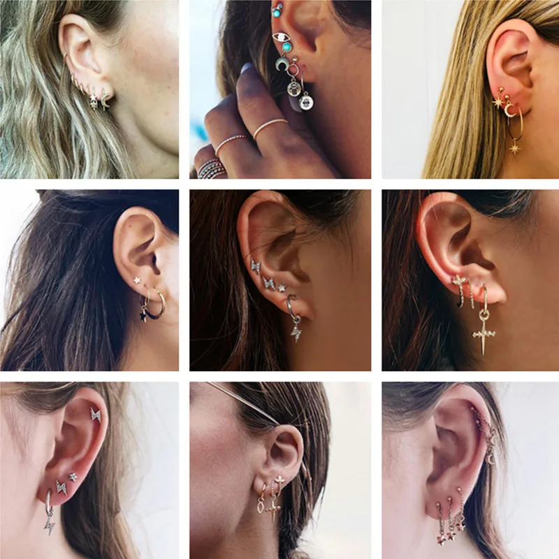 

Bohemia Crescent Moon Cross Earrings Set Trend Personality Crystal Geometric Round Eyes Ear Stud Brincos Birthday Jewelry Gift