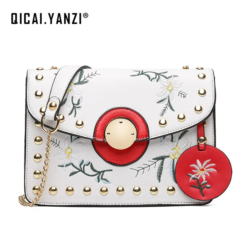 

QICAI.YANZI Ladies Fashion Flower Embroidery Shoulder Bag Women Unique Hasp Chain Messenger Bags Mujer Rivets Party Bolsas P674