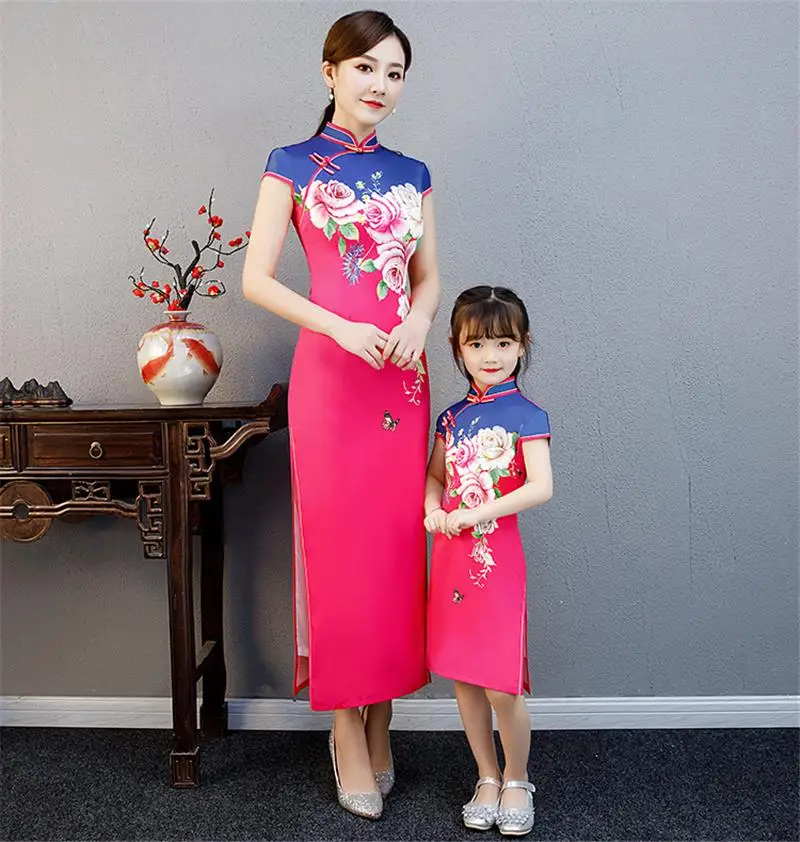 Для мам и дочек платье Qipao для Чонсам с цветами 2019 мама девочкам матч двусторонних
