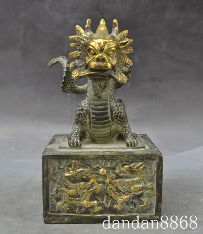 

Crafts statue old china palace bronze gilt Dragon Qilin Kirin ruyi statue seal stamp signet Halloween