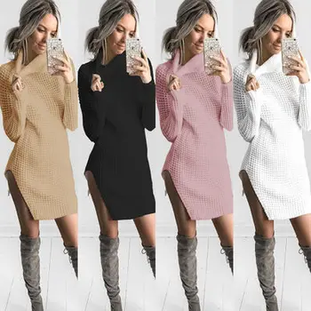 

Women Autumn Winter Long Sleeve Turtleneck Sweater Split Knitted Pullovers and Sweaters Ladies Casual Long Jumper