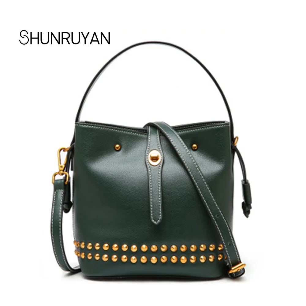 

SHUNRUYAN New Brand Design Ladies High Quality Genuine Leather Vintage Rivets Bucket Stars model shoulder bag cross body bags