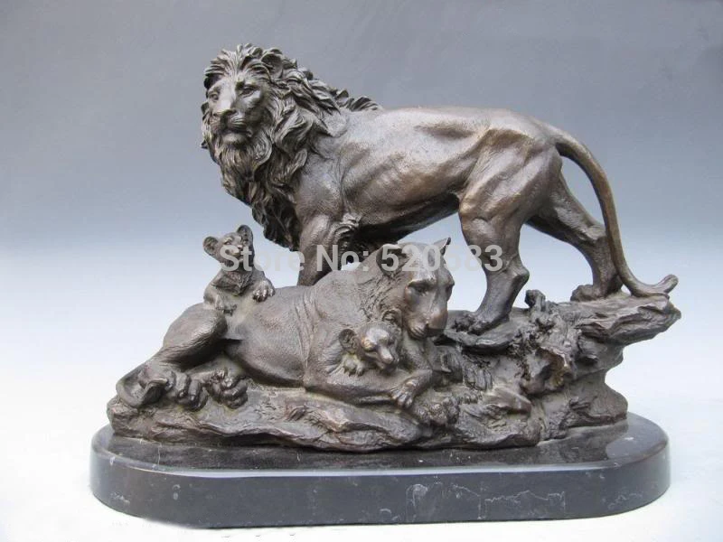 ZSR China Art Pure Bronze Copper Carved mother Lion and Small lion art