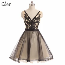 Moda Negro Corto 2017 Vestidos de Una Línea de Cuello V Sin Respaldo Short Mini Apliques de Encaje de Tul Vestido de Las Mujeres Del Partido de Coctel Formal