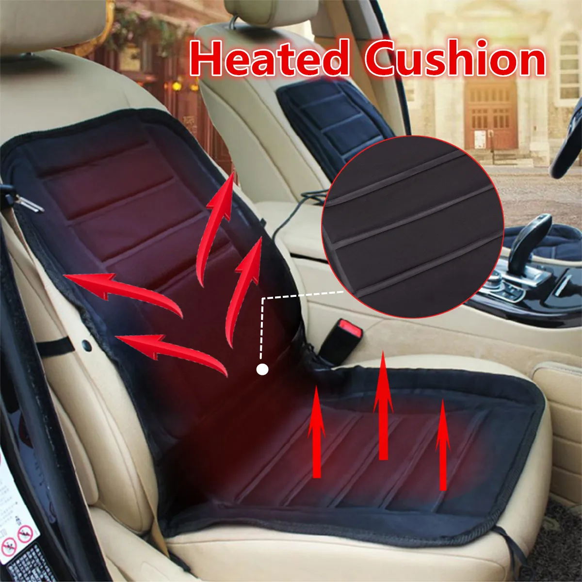 

12V Black Front Seat Heated Pad Cushion Hot Cover Warmer Padded Winter Car Boat Truck Van Auto