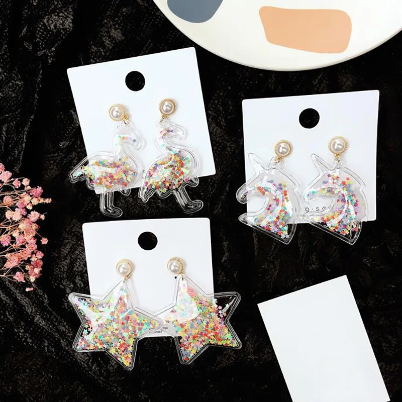 

Fashion Bling Transparent Unicorn Stars Flamingo Colorful Quicksand Drop Earrings Trendy Pearl Female Dangle Earrings Brincos
