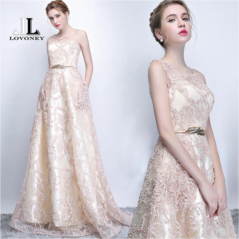 LOVONEY Elegant Evening Dress Long A Line See Though Back Formal Dresses Women Occasion Party Dresses with Belt 2019 New YS411