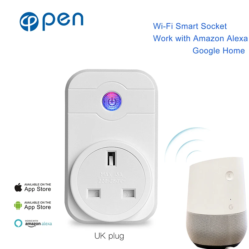 

OPEU-002 10A Wifi Smart Switch Power Plug Socket UK 220V Wireless Light Outlet Timer Remote Control Support Alexa Google Home
