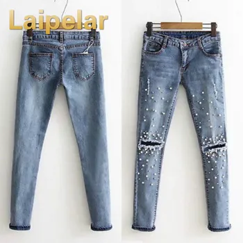 

Laipelar Women Fashion Destroyed Ripped pearled Slim Denim Pants Embroidered Flares Jeans Trousers Hole Denim Long Pants