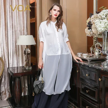 

VOA White Chiffon 100% Silk Blouse Women Elegant Half Sleeve Shirts Casual Harajuku Ladies Tops Office Summer Korean Top B890