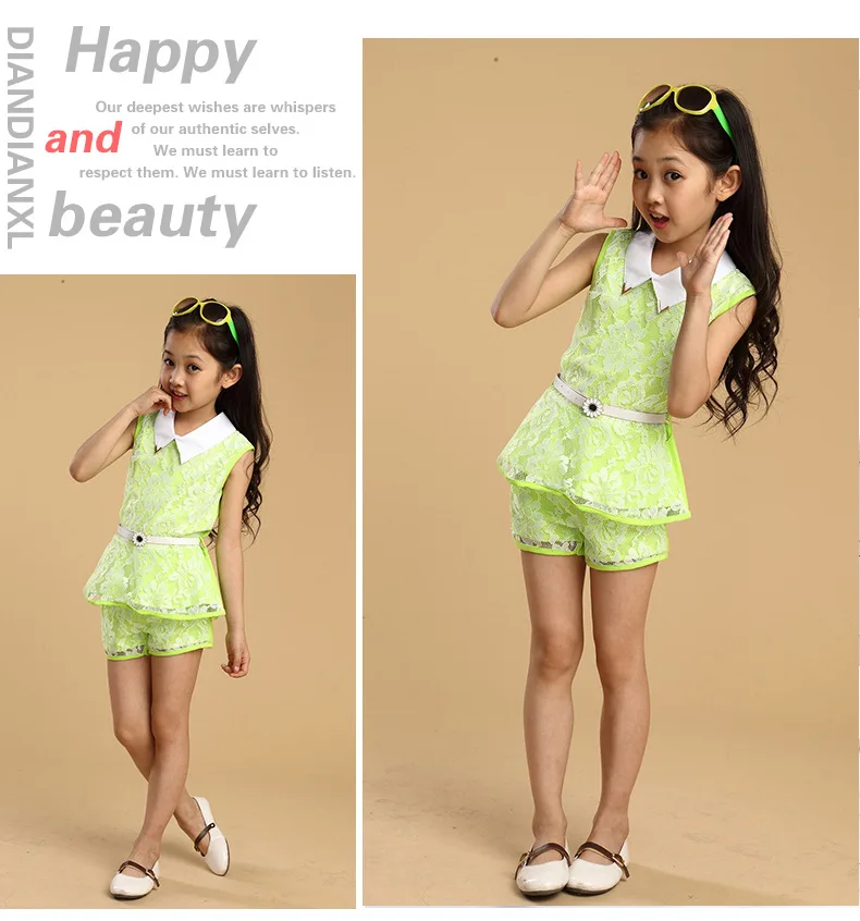 4-13Y Fashion Girls Clothes Set 2018 Summer Lace Flower Kids Outfit Girl Sleeveless Top Shorts Belt 3Pcs Suits Children Clothing (14)