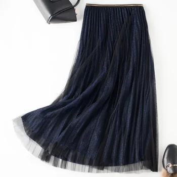 

mesh women skirts 2019 solid A-line pleated loose office lady elegant fashion skirts