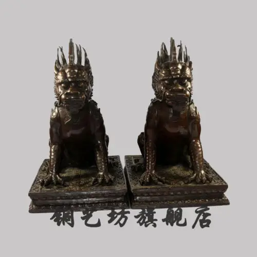 

12" China Fengshui Door Guardian Beast Dragon Kylin Protect Family Bronze Statue Healing Medicine Decoration 100% Brass Bronze