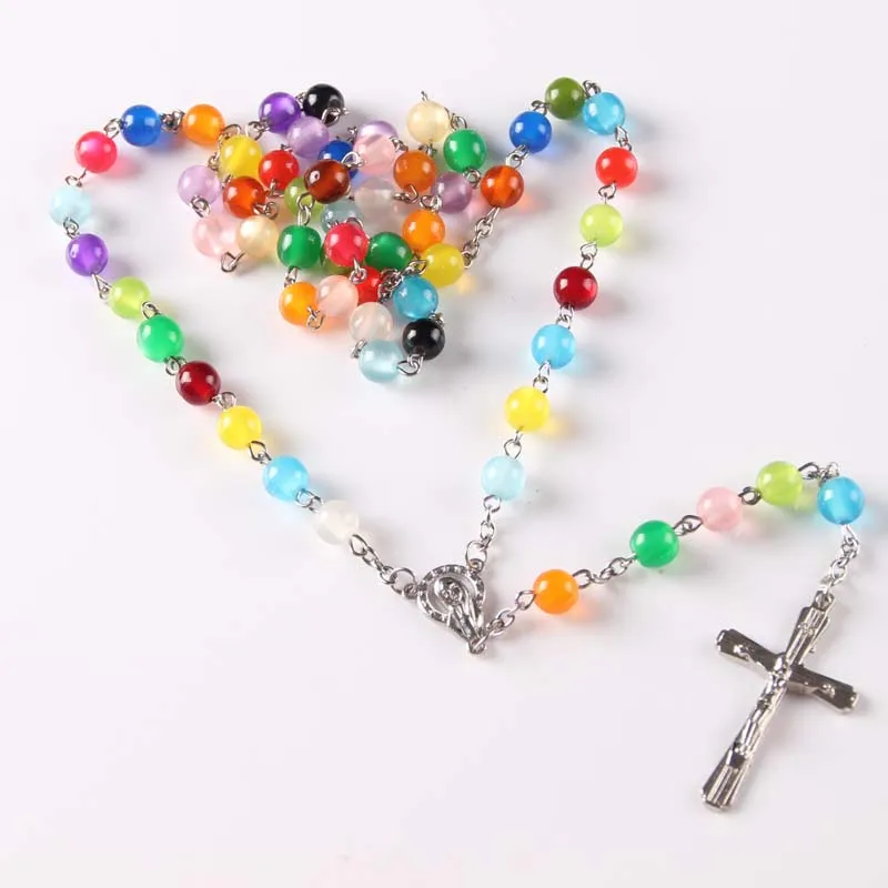 New High Quality Cross Pendant colorful colored Rosary Beads Necklace