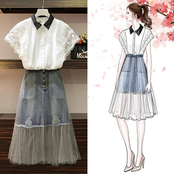 

2019 summer Plus-size women's summer new suit patchwork lace shirt denim skirt to show the slimming age to cover the belly of