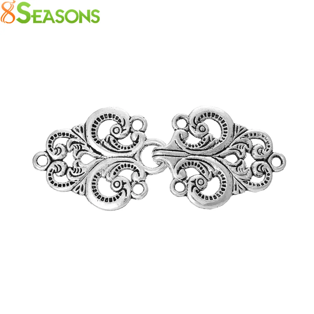 

8SEASONS Toggle Clasps Oval Branch Antique Silver-Color Hollow Flower Pattern 6.7cm x 2.8cm, 10 Sets (B34333)