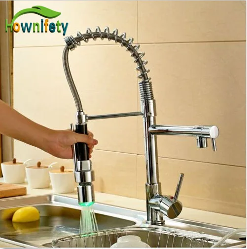 

LED Lights Chrome Polished Pull Down Spray Kitchen Sink Faucet Swivel Spout Mixer Tap