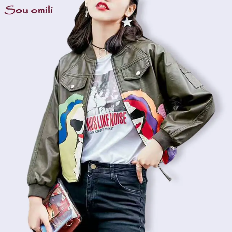 

Printed Portrait Bomber Leather Jacket Women Brown Jacket Moto Coat jaquetas couro Casaco chaquetas Jacket Chain Punk