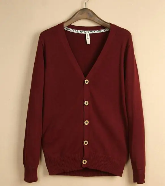 Новая мода тонкий кардиган свитер человек с длинным рукавом V шеи пальто Мужчины вязаный трикотаж сплошной цвет вязаный свитер - Цвет: Wine red