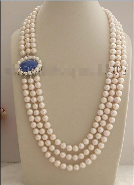 

28-29-30" 3rows Natural 11mm White Round Pearl Necklace lapis clasp #f1524!