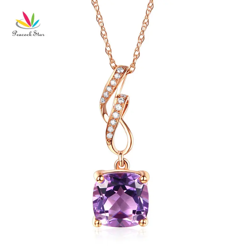 

Peacock Star 14K Rose Gold 2.5 Ct Cushion Amethyst Pendant Necklace