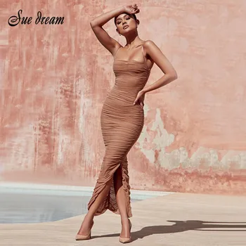 

Fashion new sexy sleeveless shoulderless brown dress summer asymmetric pleats 2018 design Vestidos