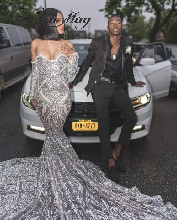 

Sexy Off the Shoulder Long Sleeves Mermaid Silver Prom Dresses for Women Elegant Long Graduation Dress Gala Red Carpet Gowns