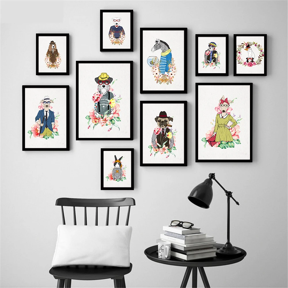 

Nordic Wall Pictures Dog Rabbit Zebra Dress Up Funny Canvas Art Print Painting Animals Modeling Flower Poster Fashion Home Decor