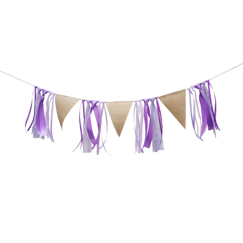 

Purple Ribbon Linen Pennant Flag Wedding Party Decoration Happy Birthday Backdrop Stand Chair Nursery Garland