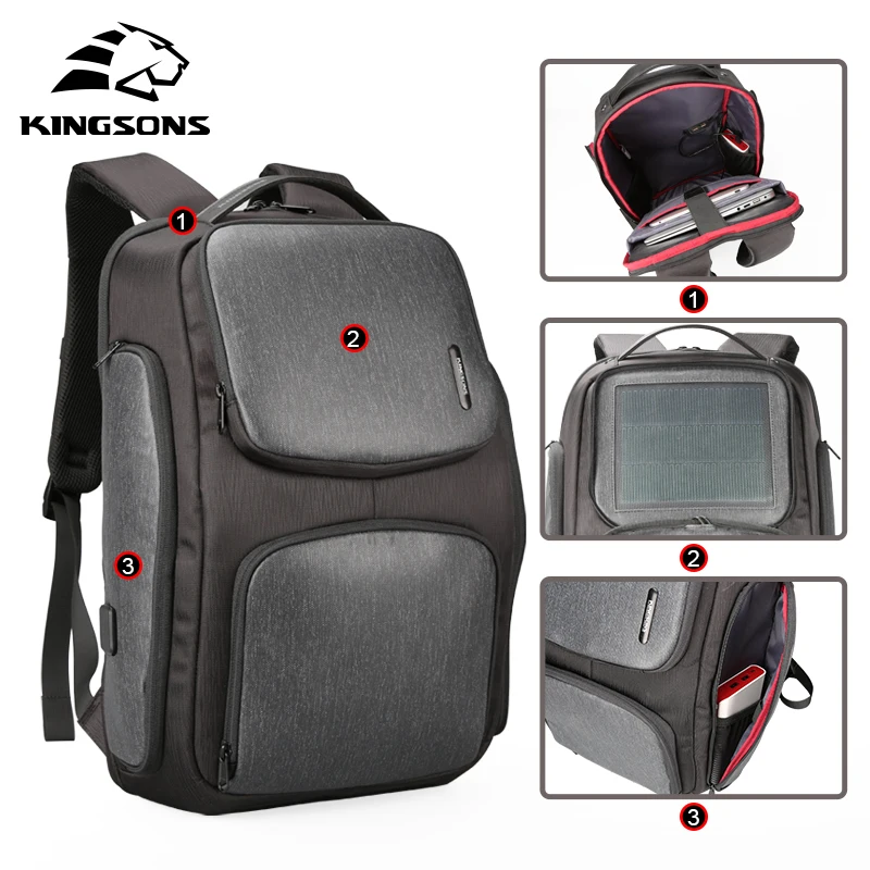 

Kingsons Upgraded Solar Backpack Fast USB Charging Kanpsack 15.6 inches Laptop Backpacks Male Women Travel Bag Cool Mochila