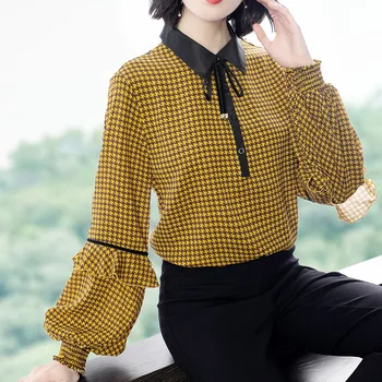 

New Spring Women High Street Fashion Turn Down Collar Puff Sleeve Plaid Chiffon Blouses Female Plus Size Office Formal Shirts