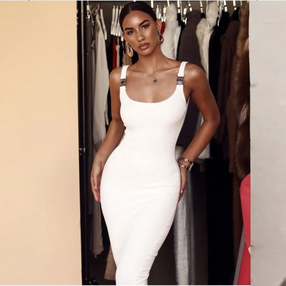 

Fashion Spaghetti Strap Sleeveless Metallic Button Mid Bodycon Dress Women Backless Black Party Night Club Dresses Vestidos